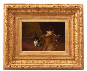 SMALL PORTRAIT OF TWO PLAYING CATS, OIL ON BOARD, LATE 19TH CENTURY. (QA751)